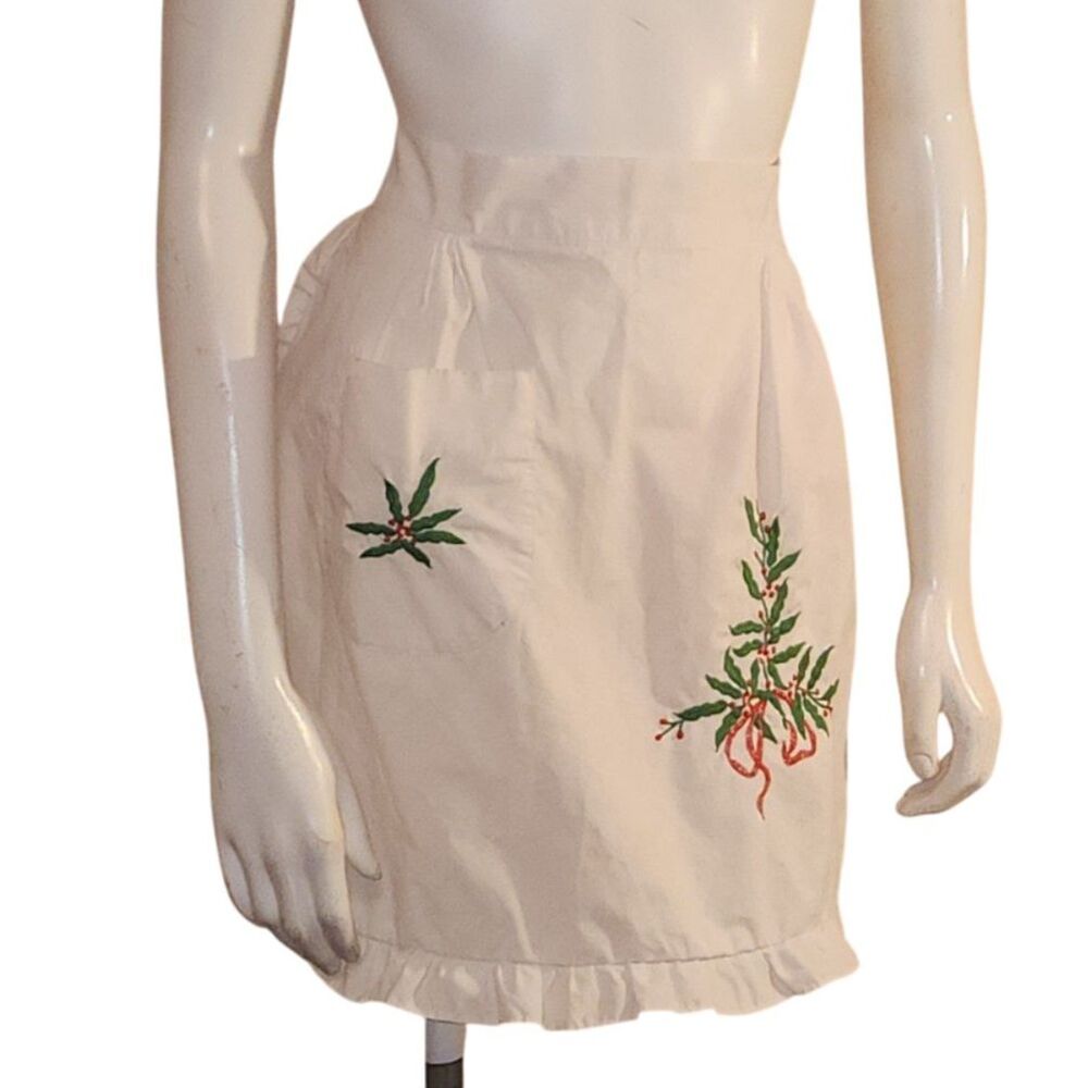 Vintage Christmas Handmade White Cotton Waist Apron One Size